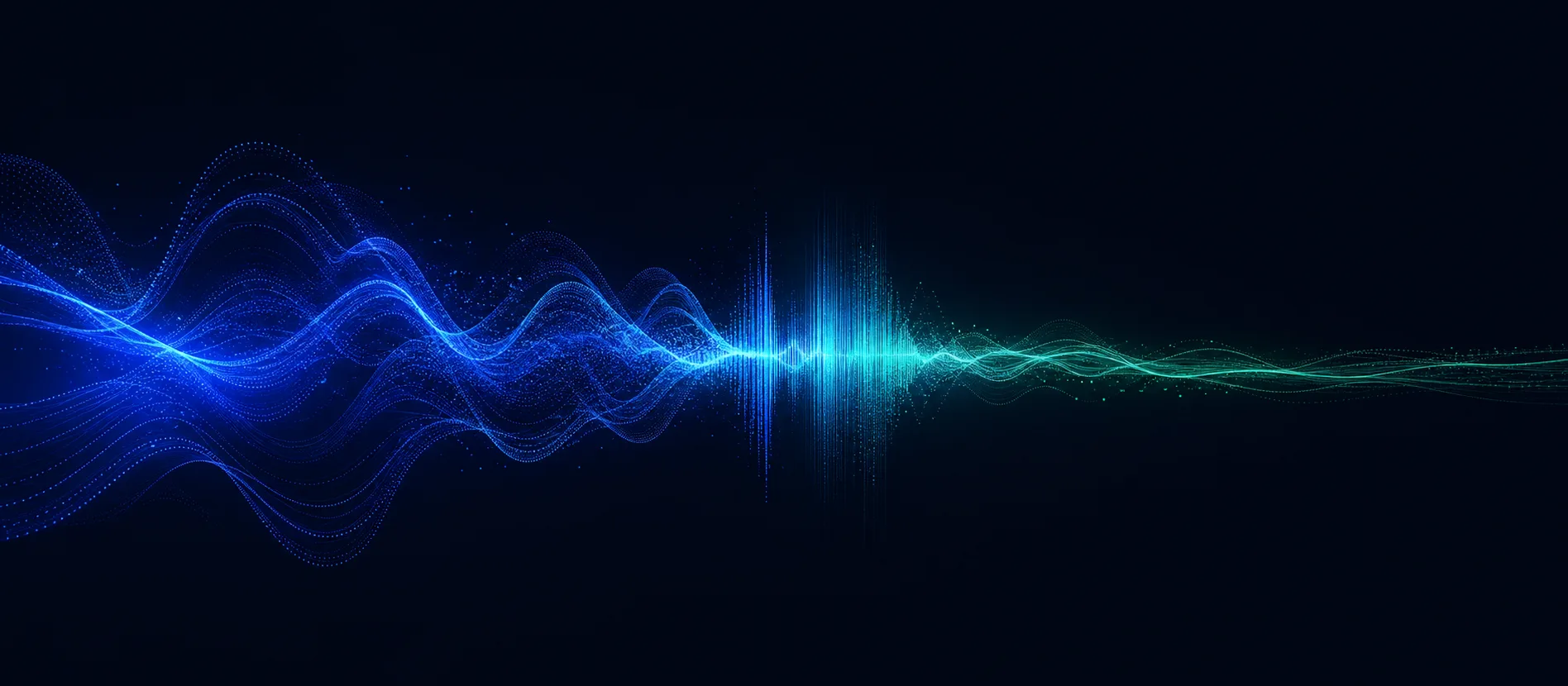A flowing blue and green audio waveform representing live translation